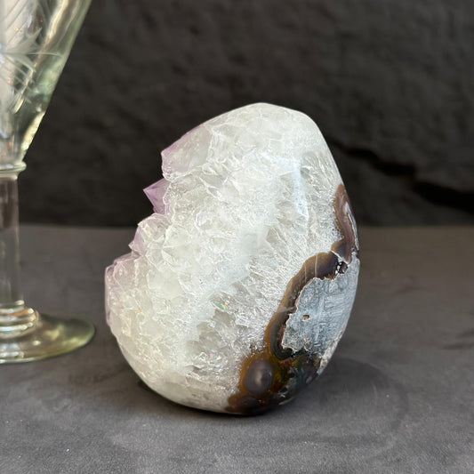 Clear Quartz Crystal Egg, Amethyst and quartz piece, Natural cave shaped polished stones, white quartz geode