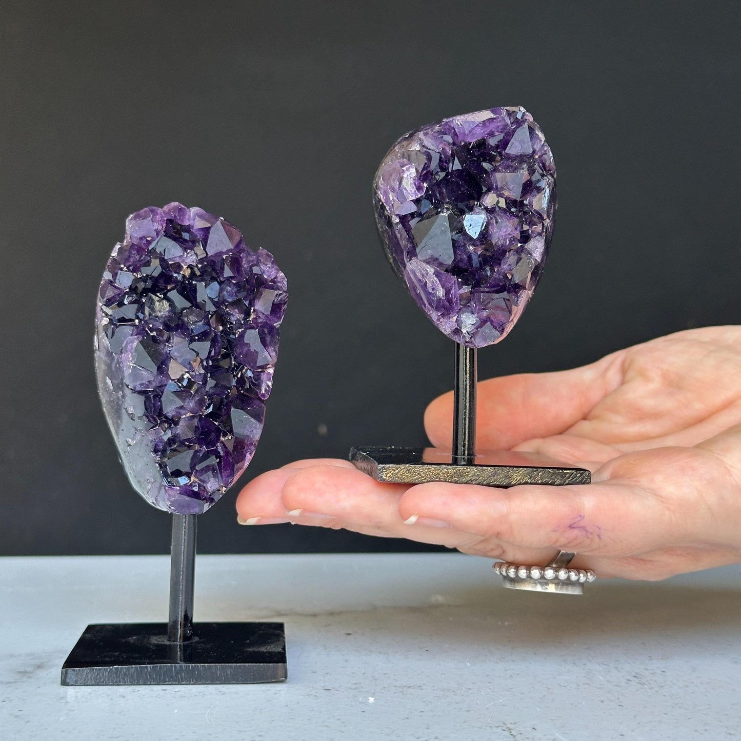 4 Inch Amethyst Crystals on Metal Stand.