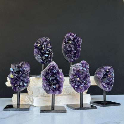 4 Inch Amethyst Crystals on Metal Stand.