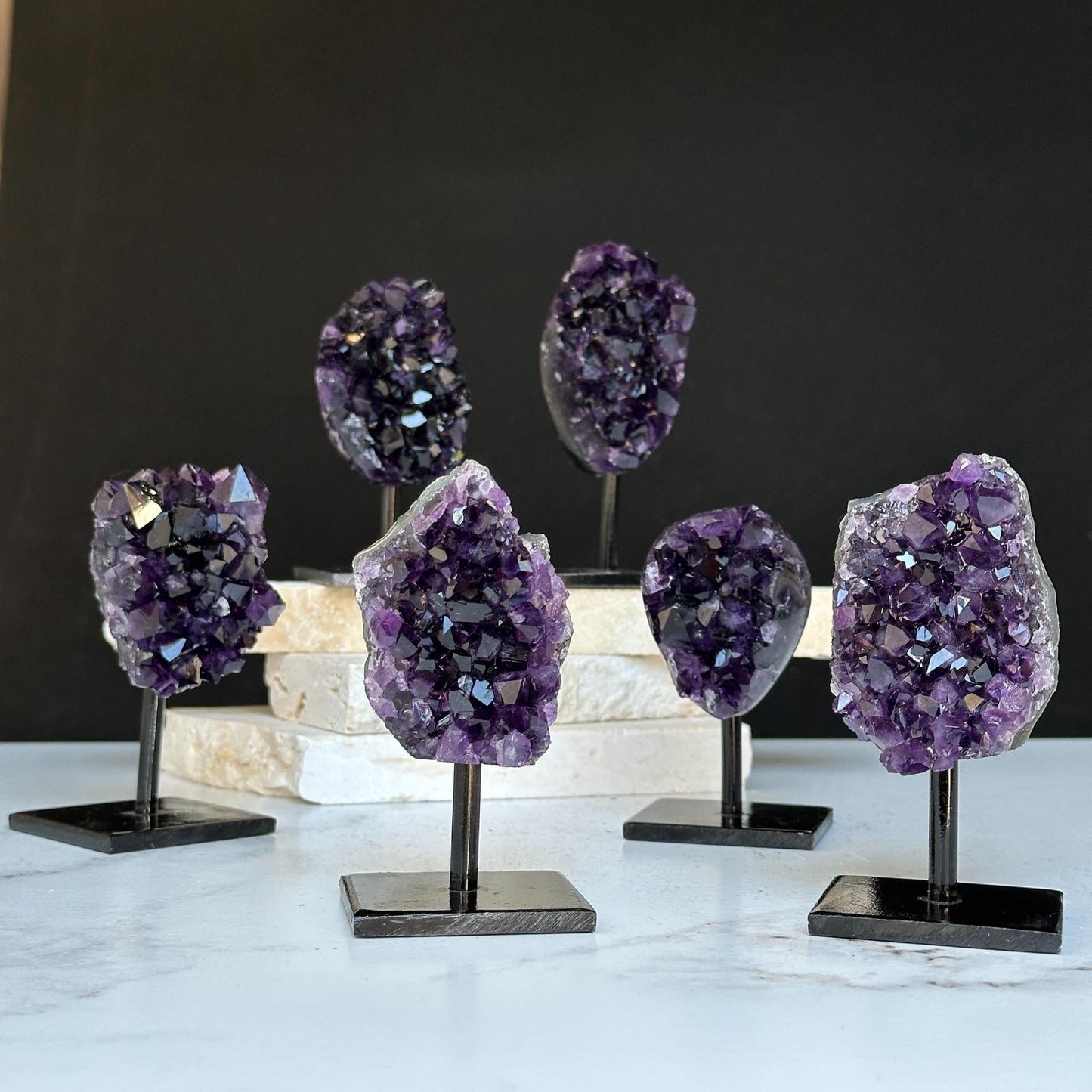 4 Inch Amethyst Crystals on Metal Stand.