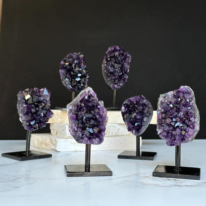 4 Inch Amethyst Crystals on Metal Stand.